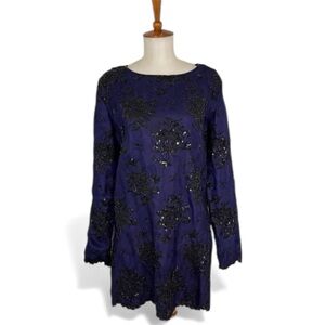 Vintage Silk Beaded Tunic Women’s L Sequin Long Sleeve Shift Mini Dress